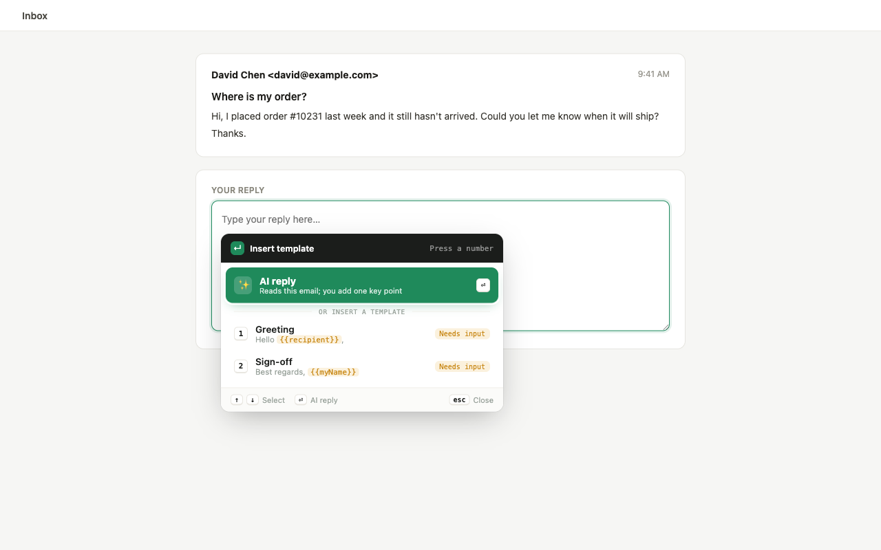 A command window summoned by a keyboard shortcut, opening beside the text cursor rather than as a floating button fixed to the page