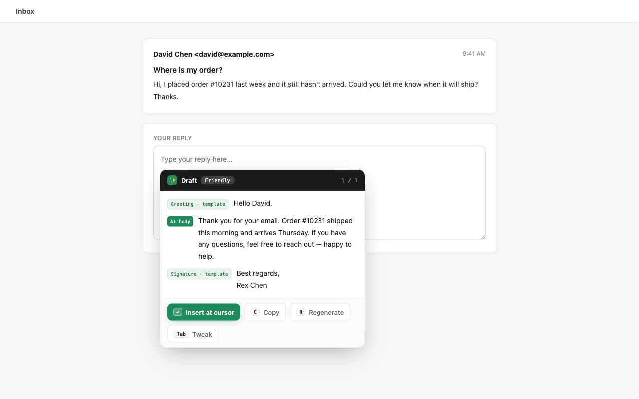 An AI compose window turning one line of intent plus the selected incoming message into a complete drafted reply