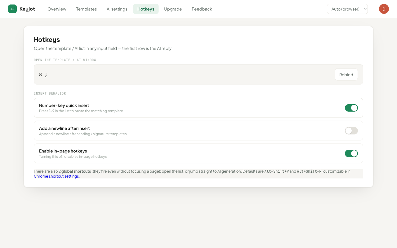 A settings panel rebinding the extension's trigger shortcut to Control Shift K alongside template insertion options